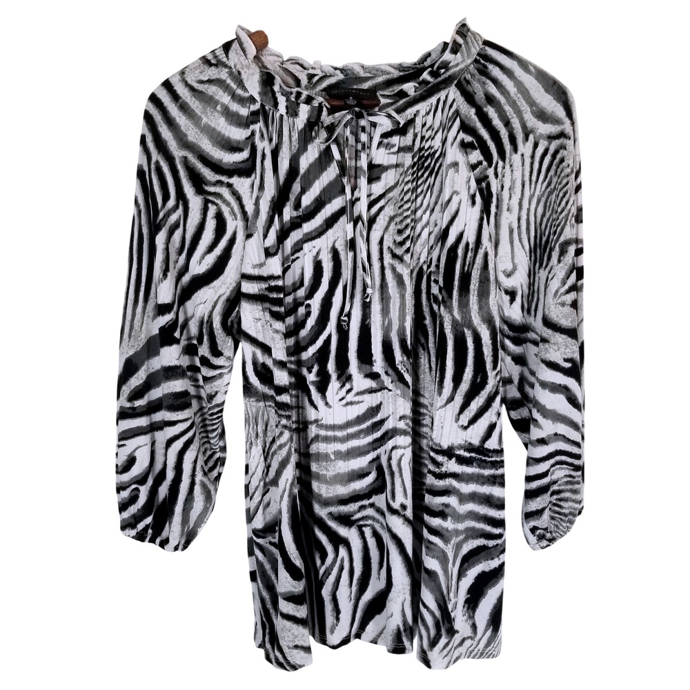 Investments Zebra Print Pleated Blouse Small 3/4 Sleeve Mob Wife Office Career